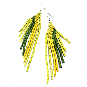 Green & Yellow Beaded Wing Style 9 Fringe Earrings - 5 1/2"