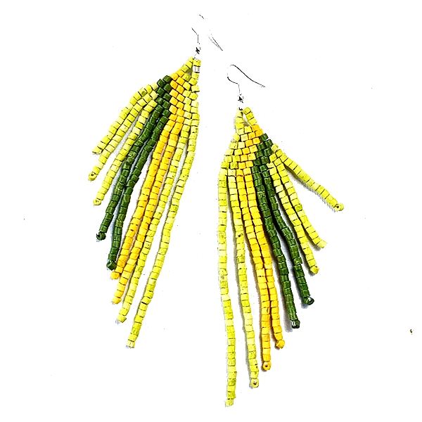 Green & Yellow Beaded Wing Style 9 Fringe Earrings - 5 1/2"