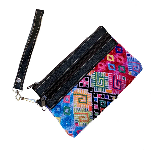 Mixed Color Vintage Huipil Fabric & Leather Clutch with Removable Wrist Strap