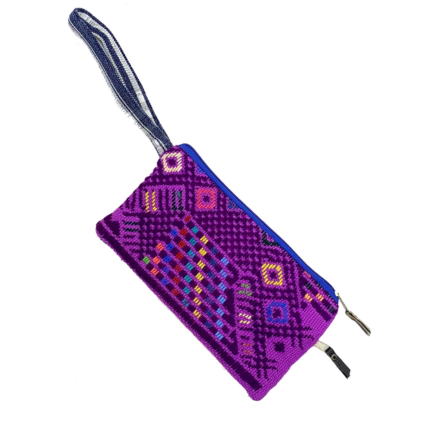 Purple Bold Geometric Guatemalan Huipil Fabric Clutch with Wrist Strap