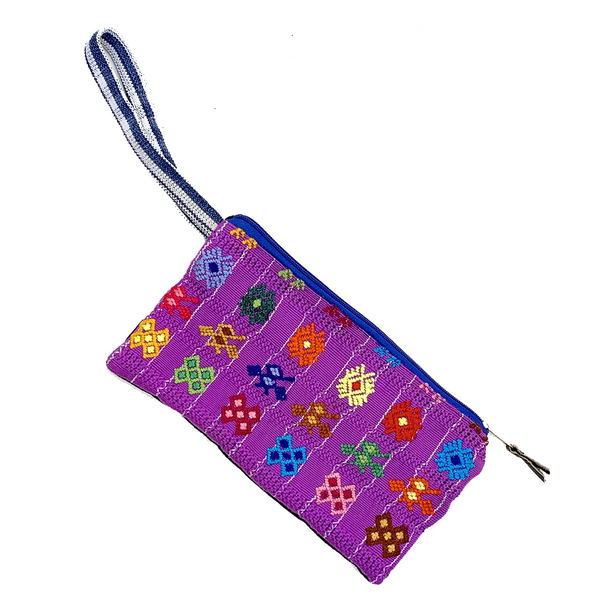 Purple Bold Geometric Guatemalan Huipil Fabric Clutch with Wrist Strap